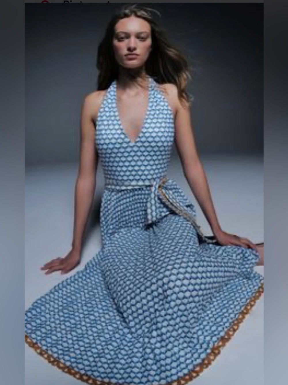 Le Superbe Halter Pleated Maxi Dress Belted In Santorini Dream (White & Blue) M - Picture 3 of 13